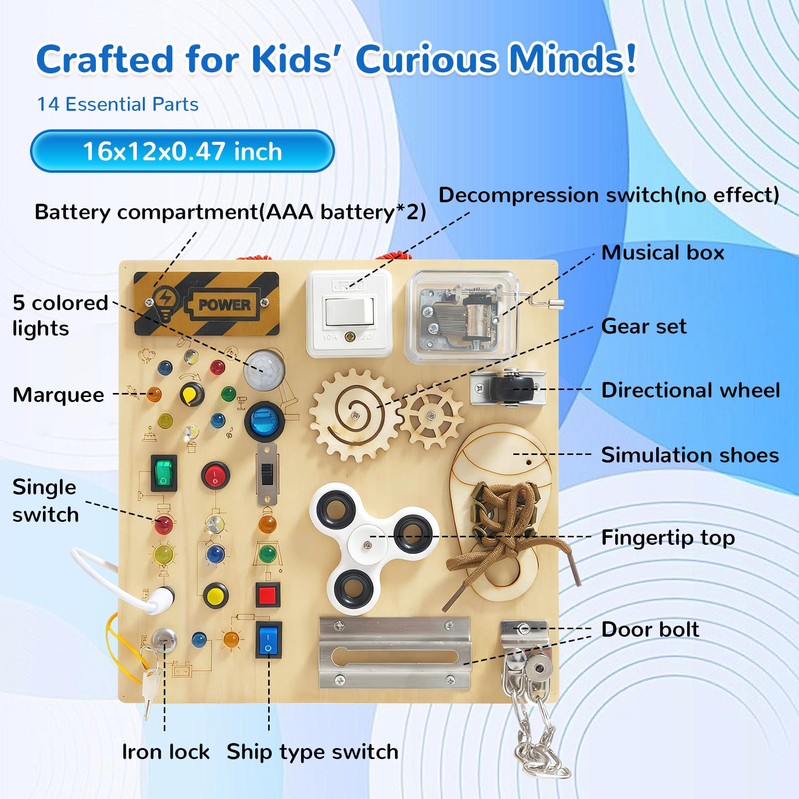 Busy Board, Montessori Toy for 1-4 Years Old, Ideal Gift for 1+ Year Old Children Wooden Toddler Sensory Travel Toy, (Busy Board Plus V3)