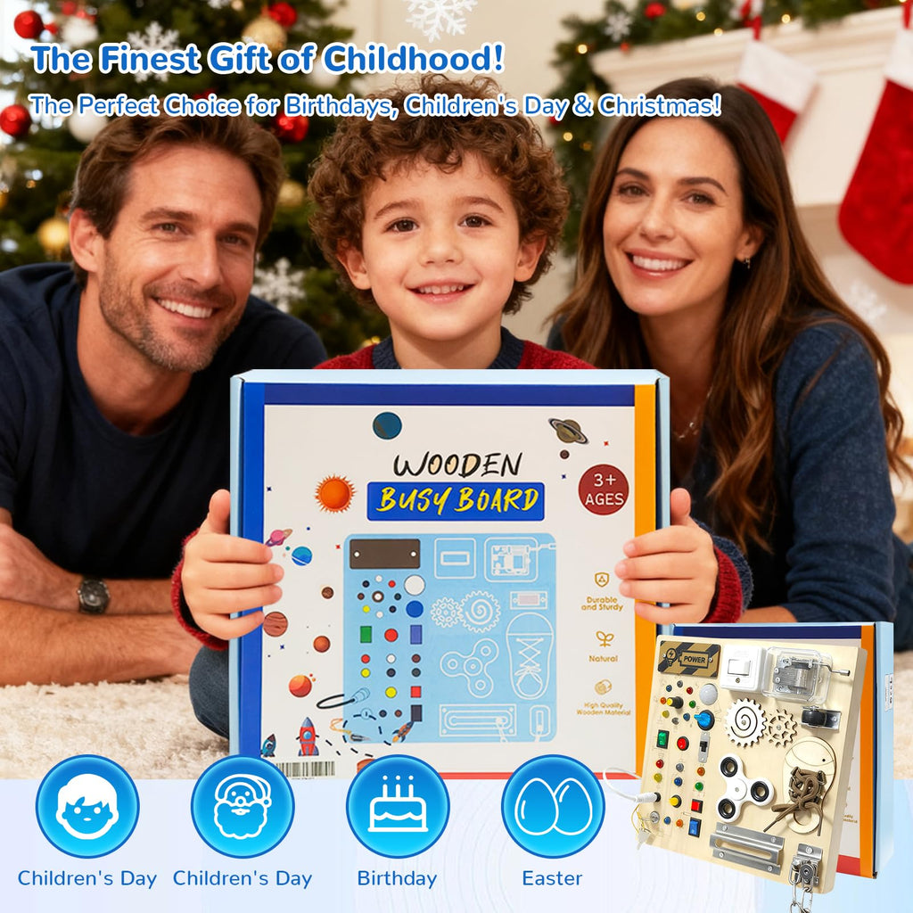 Busy Board, Montessori Toy for 1-4 Years Old, Ideal Gift for 1+ Year Old Children Wooden Toddler Sensory Travel Toy, (Busy Board Plus V3)