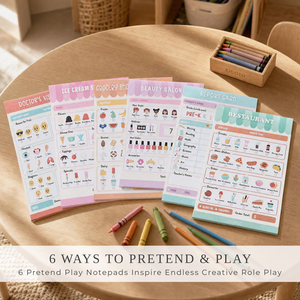Fun Pretend Play Notepads Kids Love - Set of 6 Themed Pads for Role Play